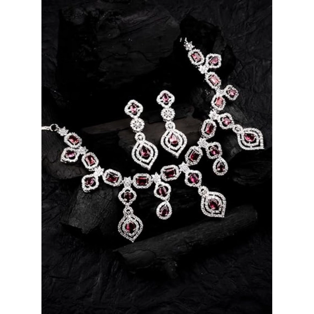 Women's Brass Silver Plated Necklace set (Red) - Image 4