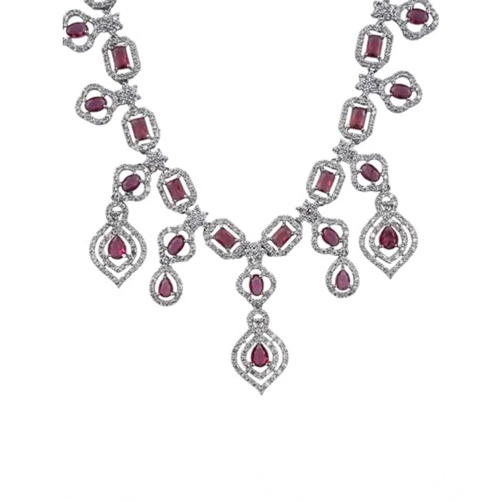 Women's Brass Silver Plated Necklace set (Red) - Image 3