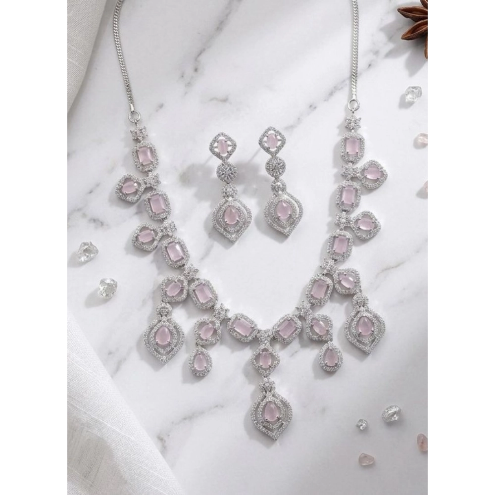 Women's Brass Silver Plated Necklace set (Pink)