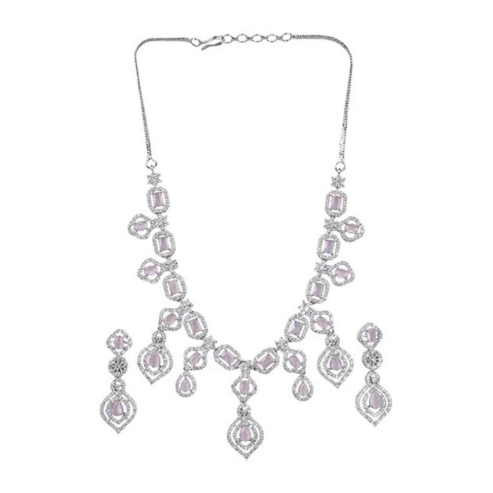Women's Brass Silver Plated Necklace set (Pink) - Image 5