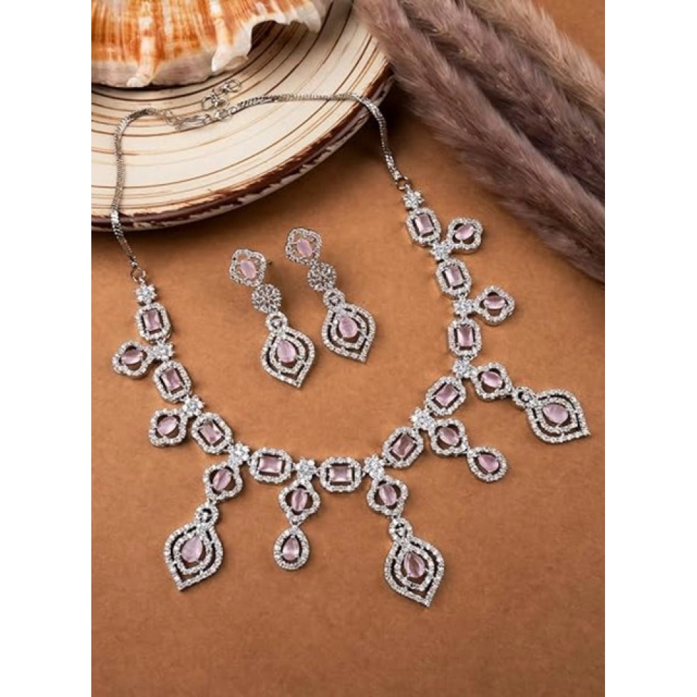 Women's Brass Silver Plated Necklace set (Pink) - Image 4