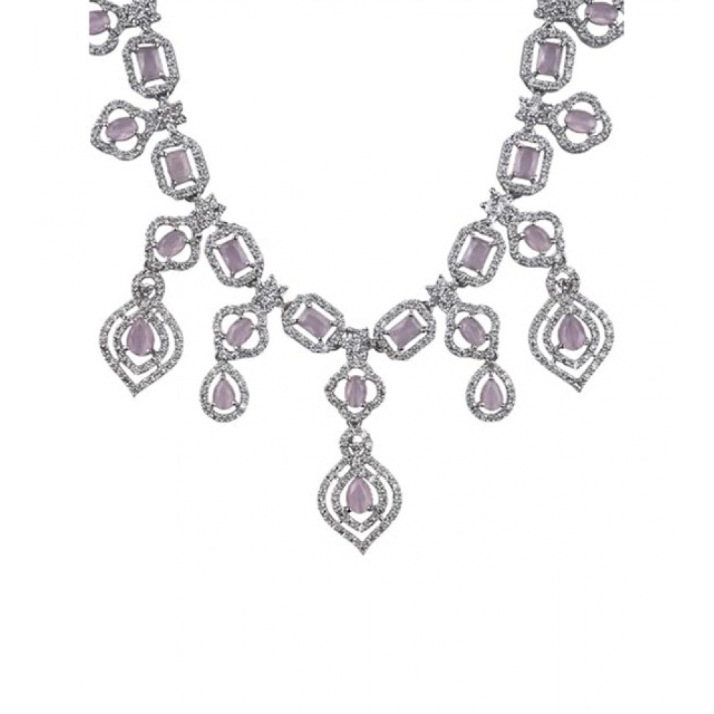 Women's Brass Silver Plated Necklace set (Pink) - Image 3