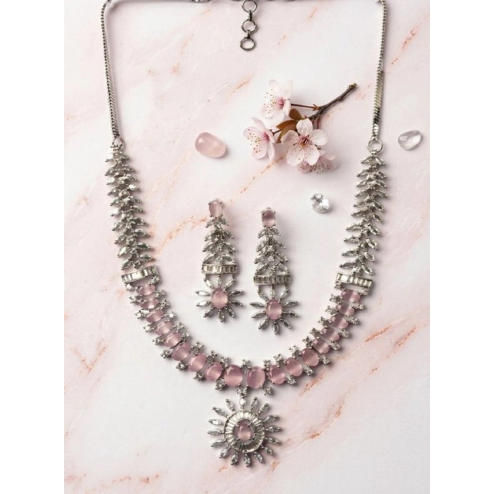 Women's Brass Silver Plated Necklace set (Pink)
