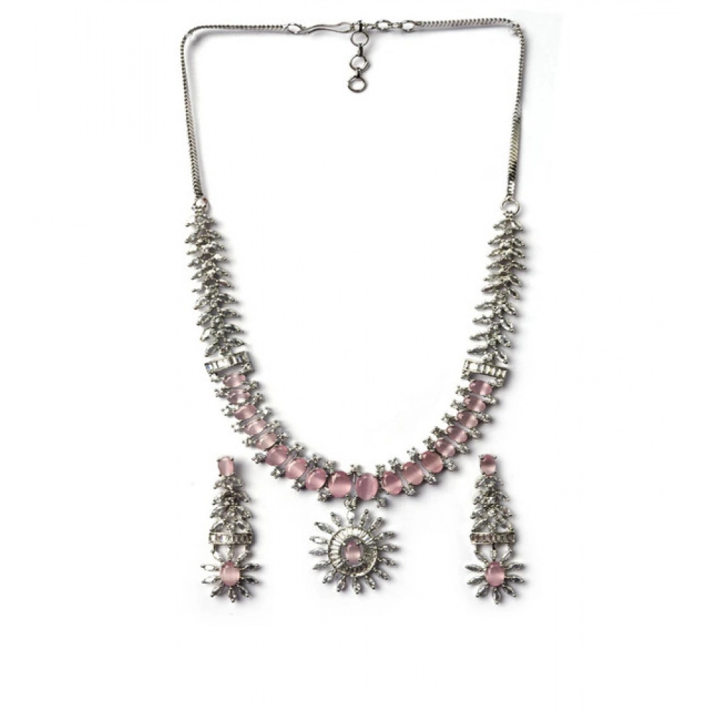 Women's Brass Silver Plated Necklace set (Pink) - Image 4
