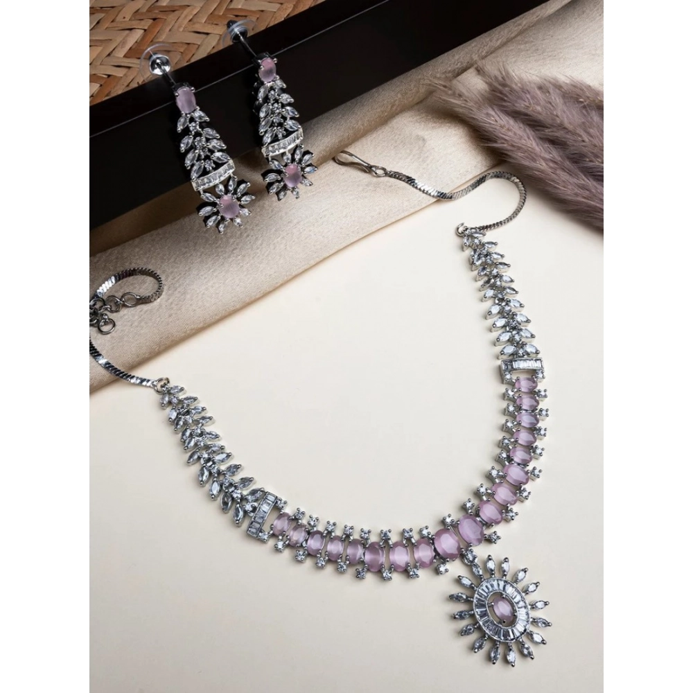 Women's Brass Silver Plated Necklace set (Pink) - Image 3