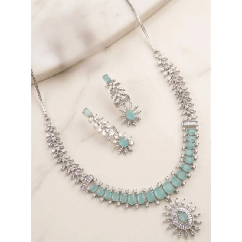 Women's Brass Silver Plated Necklace set (Turquoise)