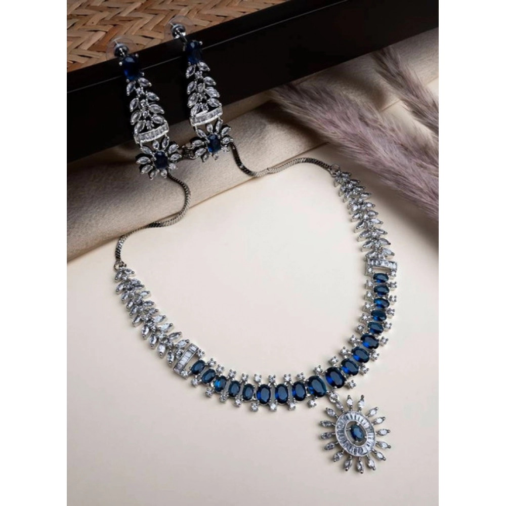 Women's Brass Silver Plated Necklace set (Blue) - Image 4