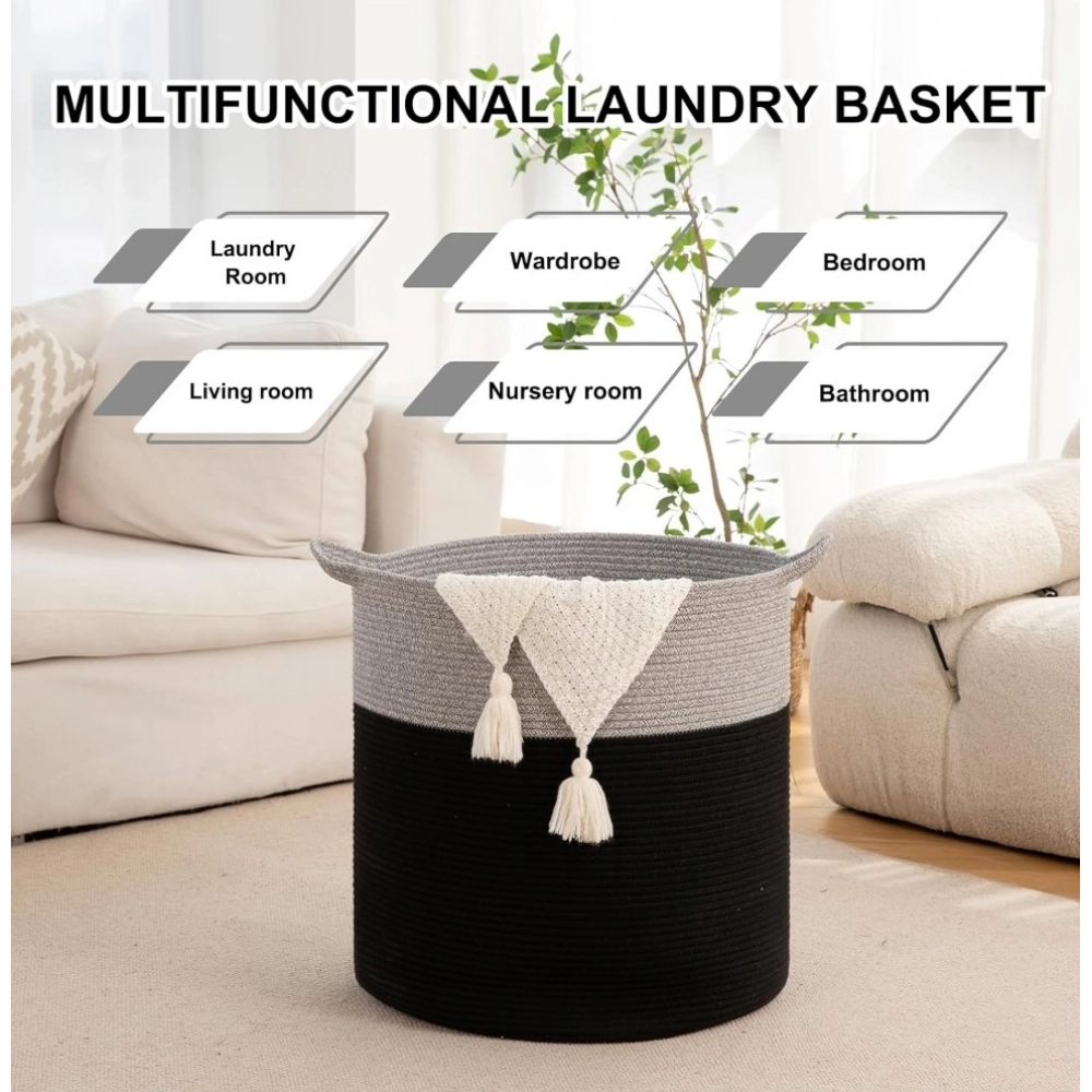 Cotton 12x14 Inch-1 Pcs Storage Basket For Clothes With Out Lid (Gray-Black) - Image 3