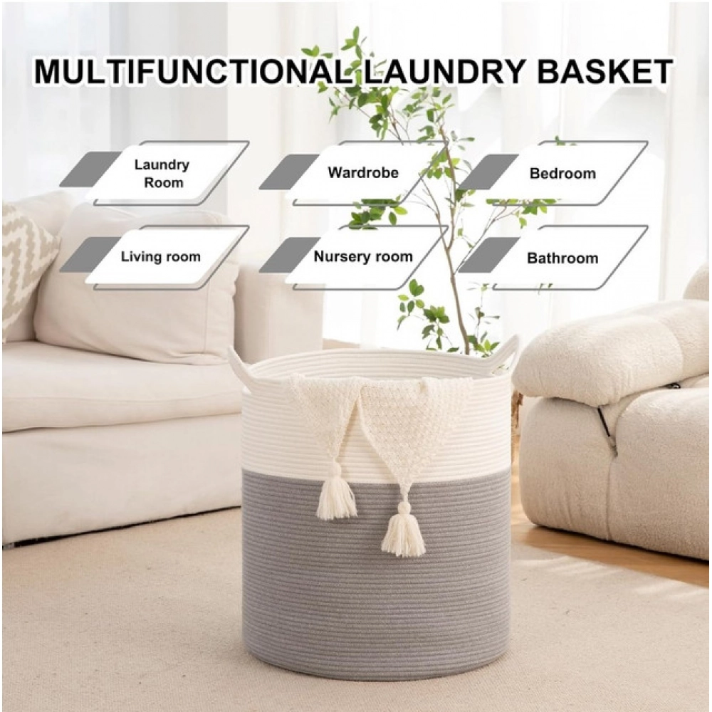 Cotton 12x14 Inch-1 Pcs Storage Basket For Clothes With Out Lid (Gray-White) - Image 3