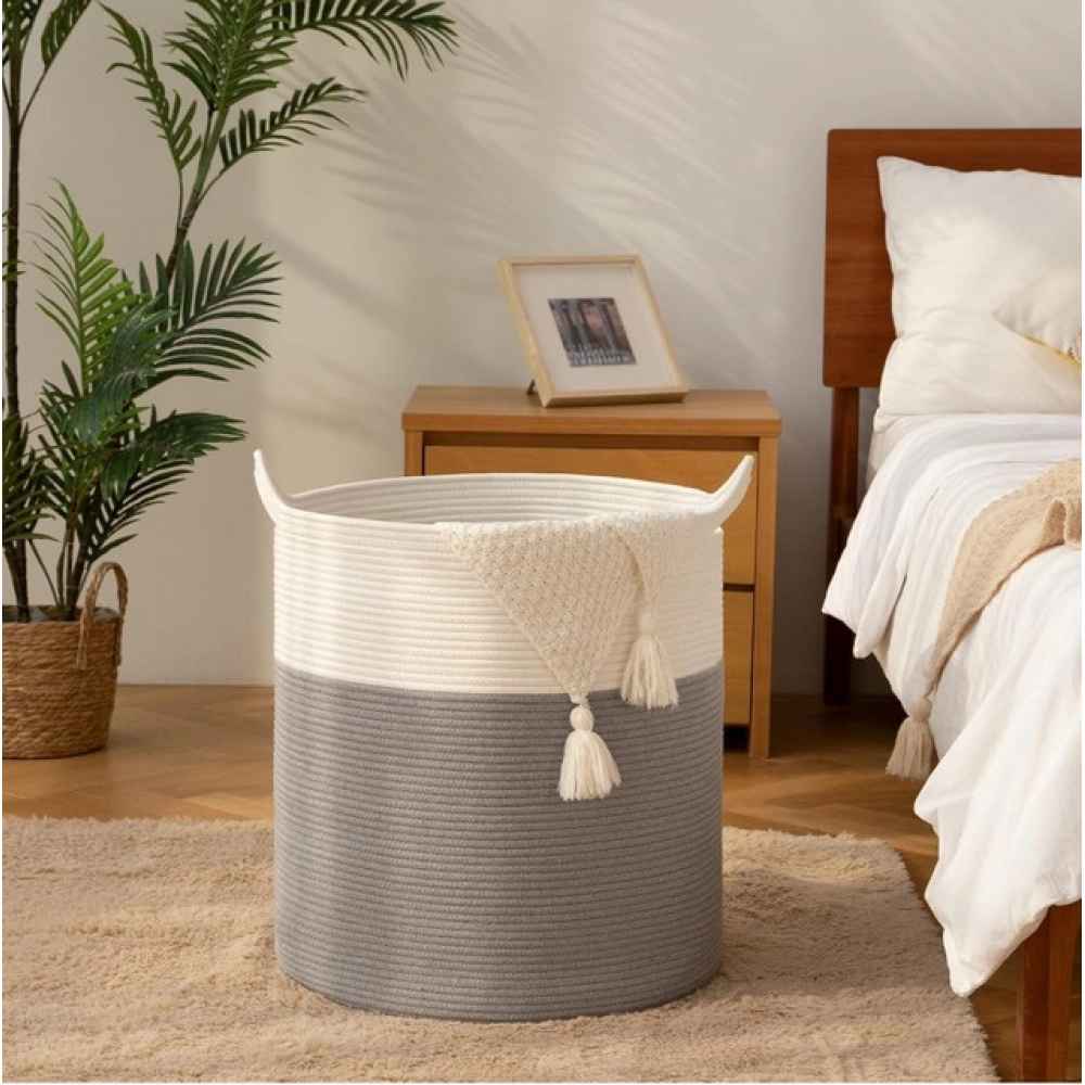Cotton 12x14 Inch-1 Pcs Storage Basket For Clothes With Out Lid (Gray-White) - Image 2