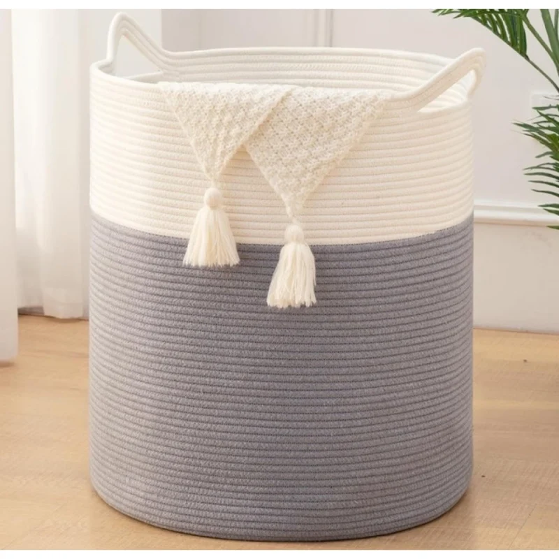 Cotton 12x14 Inch-1 Pcs Storage Basket For Clothes With Out Lid (Gray-White)