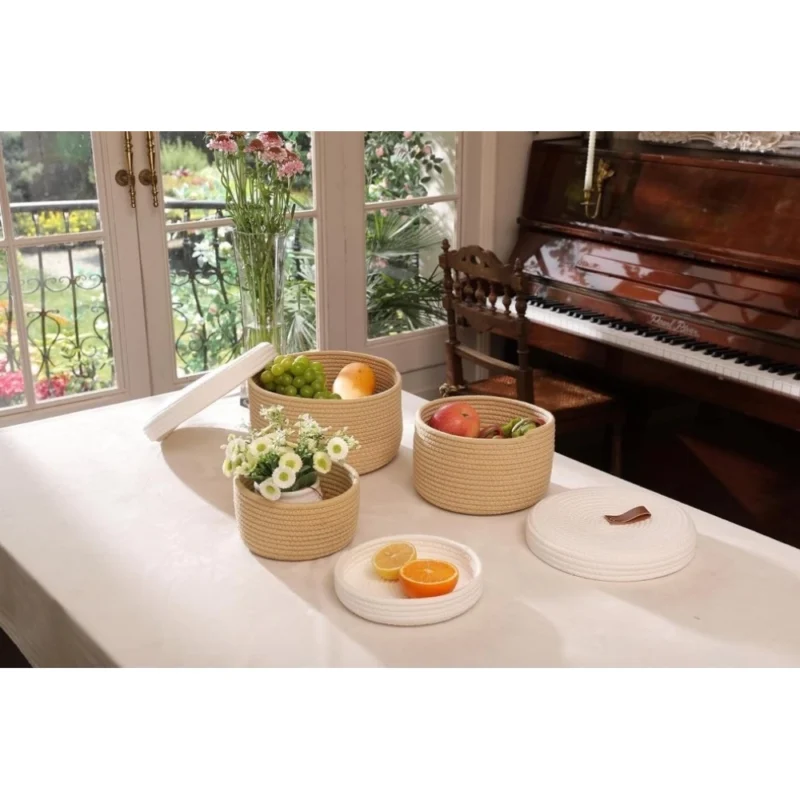 Alternative view of Cotton 3 Pcs Set Roti Box Storage Basket With Lid (Beige-White)
