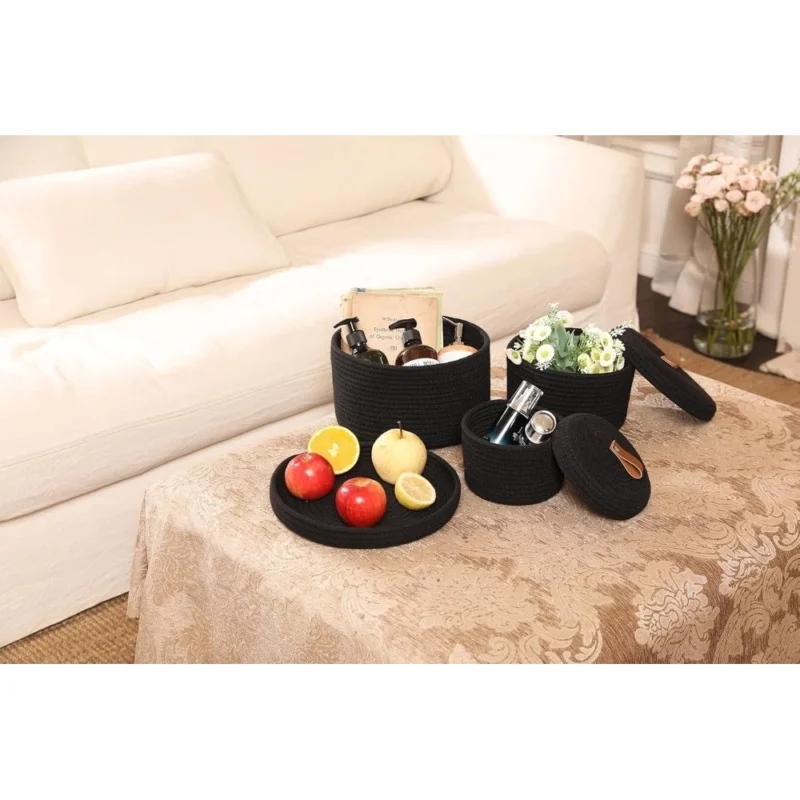 Alternative view of Cotton 3 Pcs Set Roti Box Storage Basket With Lid (Black)