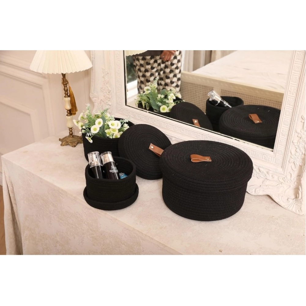 Cotton 3 Pcs Set Roti Box Storage Basket With Lid (Black)
