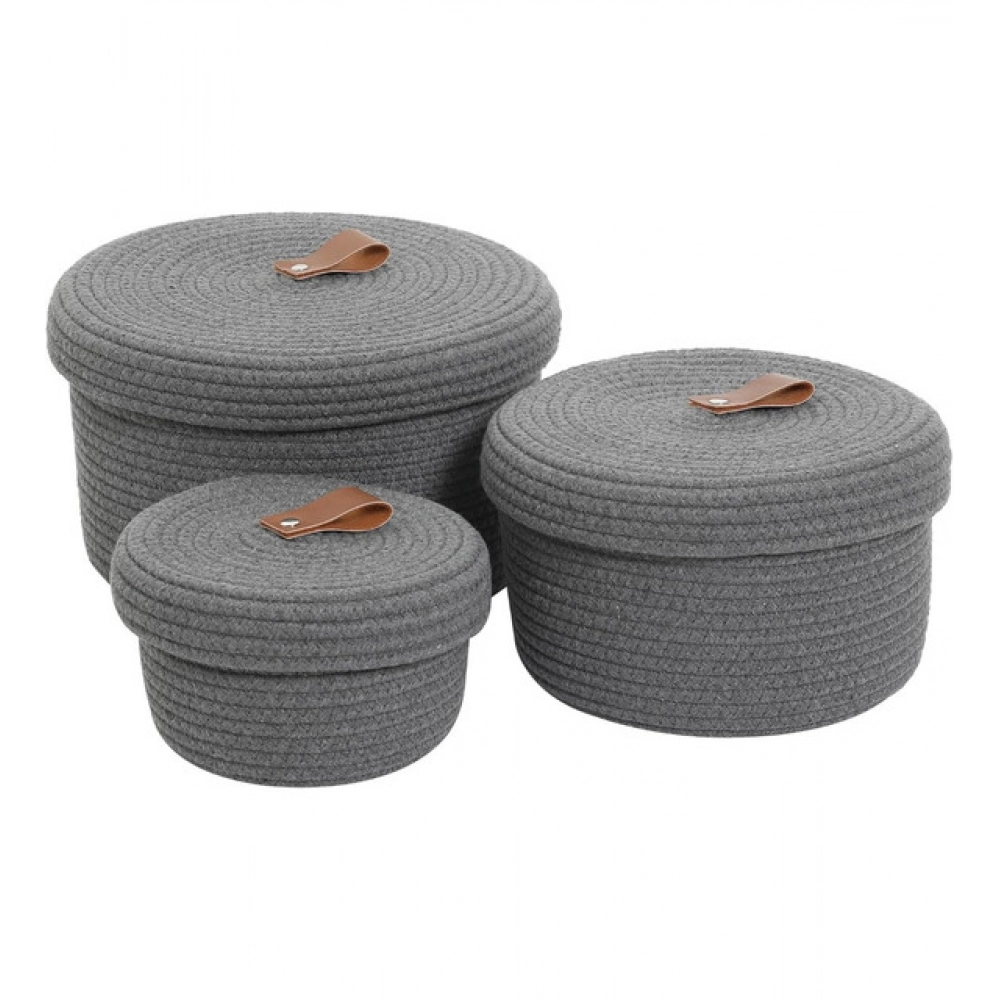 Cotton 3 Pcs Set Roti Box Storage Basket With Lid (Gray) - Image 4