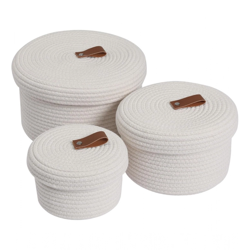 Cotton 3 Pcs Set Roti Box Storage Basket With Lid (White) - Image 4