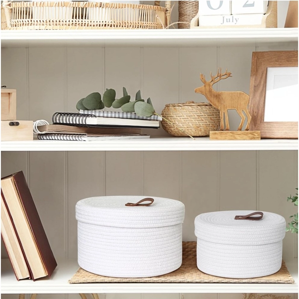Cotton 3 Pcs Set Roti Box Storage Basket With Lid (White) - Image 2