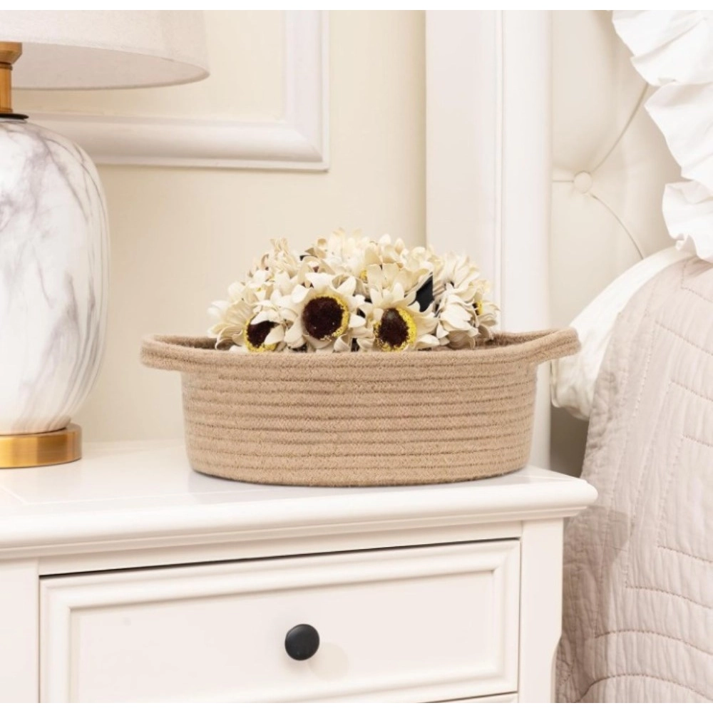 Cotton 8x3 Inch Round Bedside Organizer With Out Lid (Beige) - Image 2