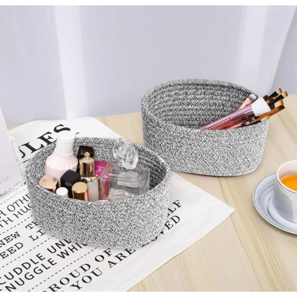 Cotton 8x3 Inch Kidi Round 2 Set Bedside Organizer With Out Lid (Black)