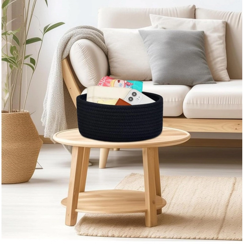 Cotton 8x3 Inch Round 1 Pcs Bedside Organizer With Out Lid (Black) - Image 3