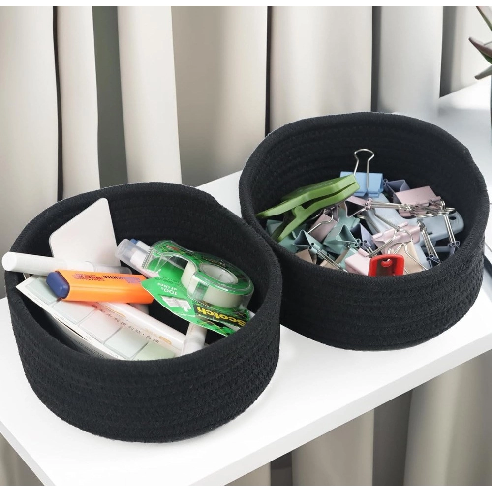 Cotton 8x3 Inch Round 3 Set Bedside Organizer With Out Lid (Black) - Image 3