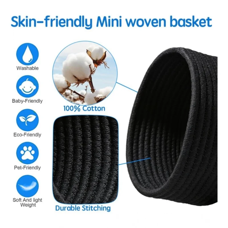 Cotton 8x3 Inch Round 3 Set Bedside Organizer With Out Lid (Black)