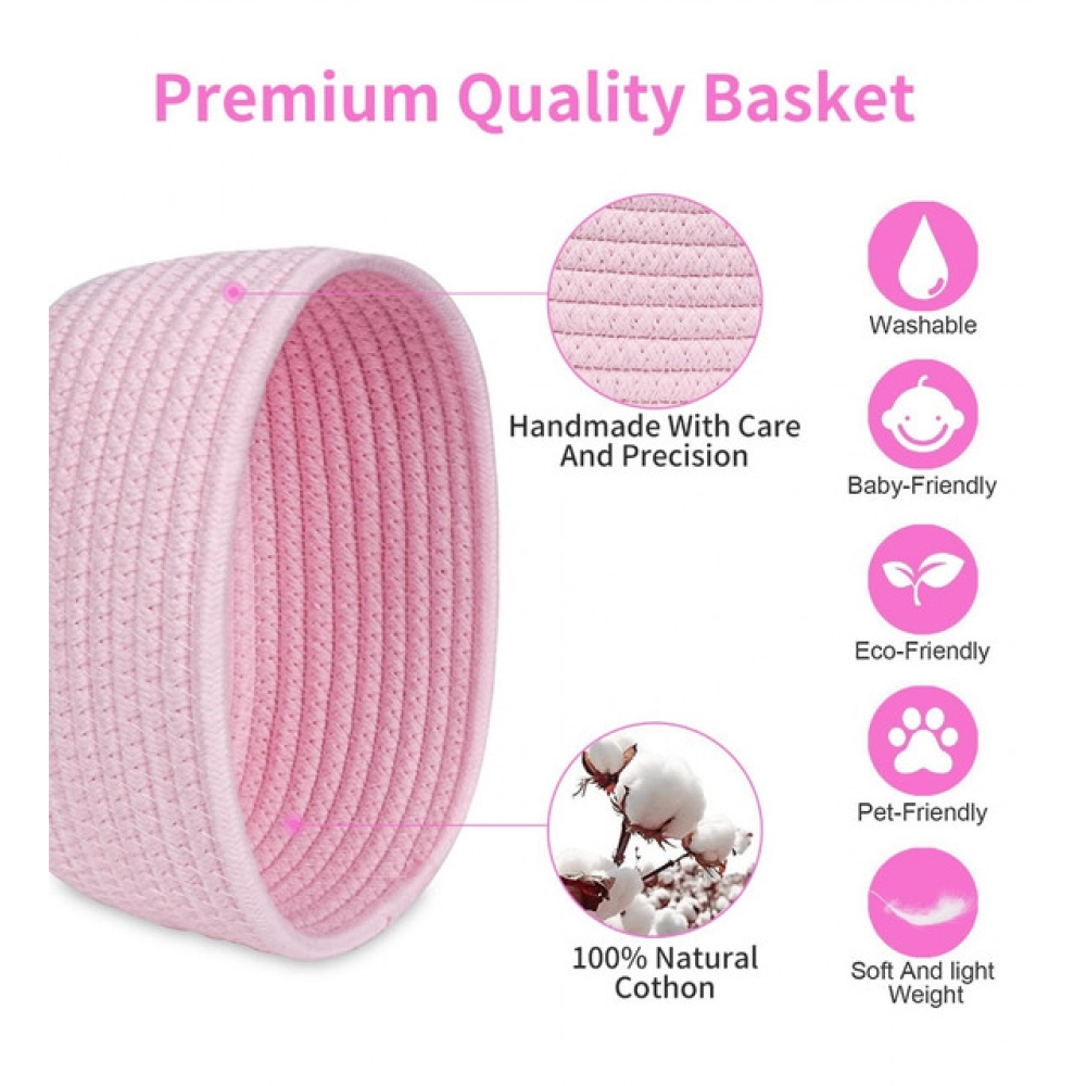 Cotton 8x3 Inch Round 2 Set Bedside Organizer With Out Lid (Pink) - Image 2