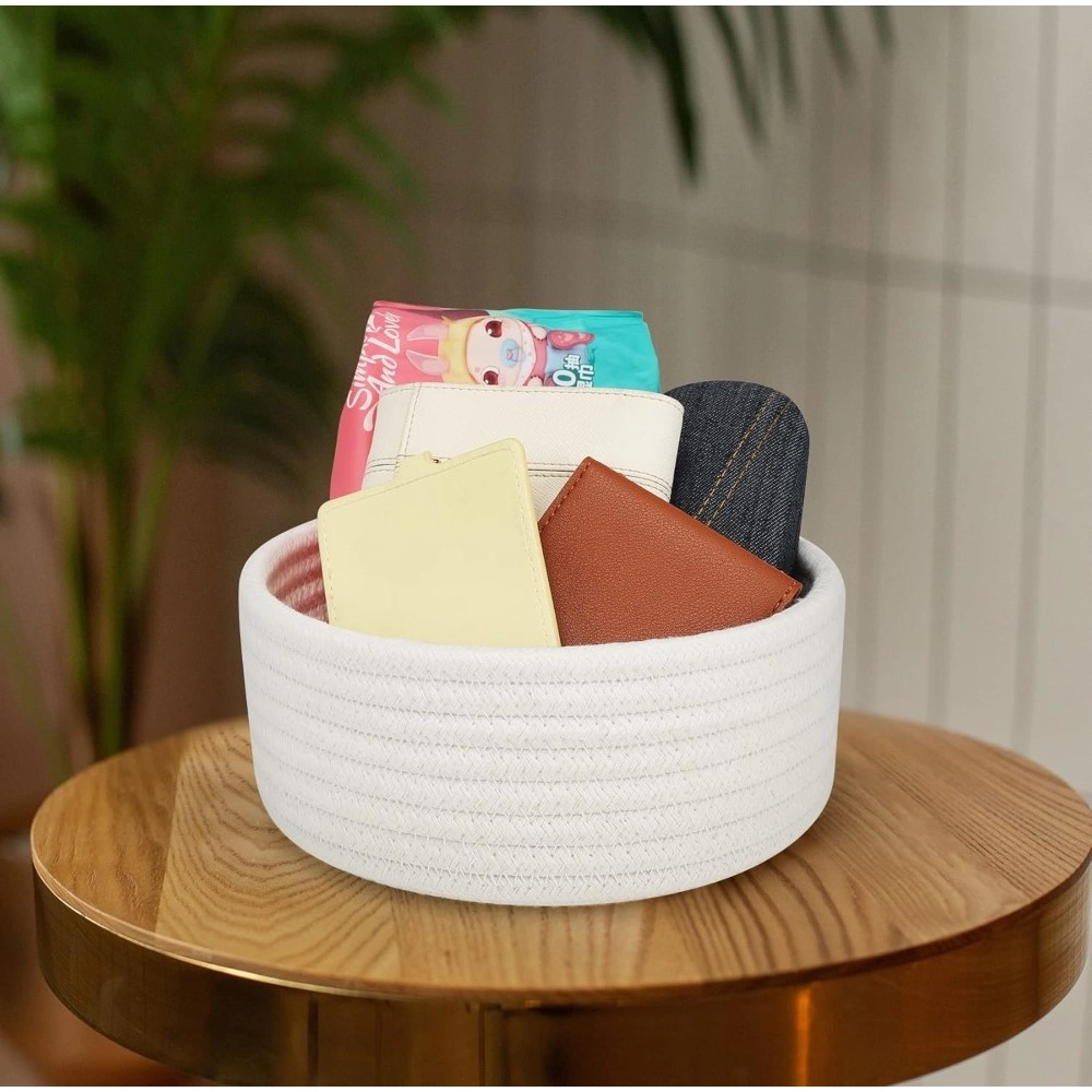 Cotton 8x3 Inch Round 1 Pcs Bedside Organizer With Out Lid (White) - Image 4