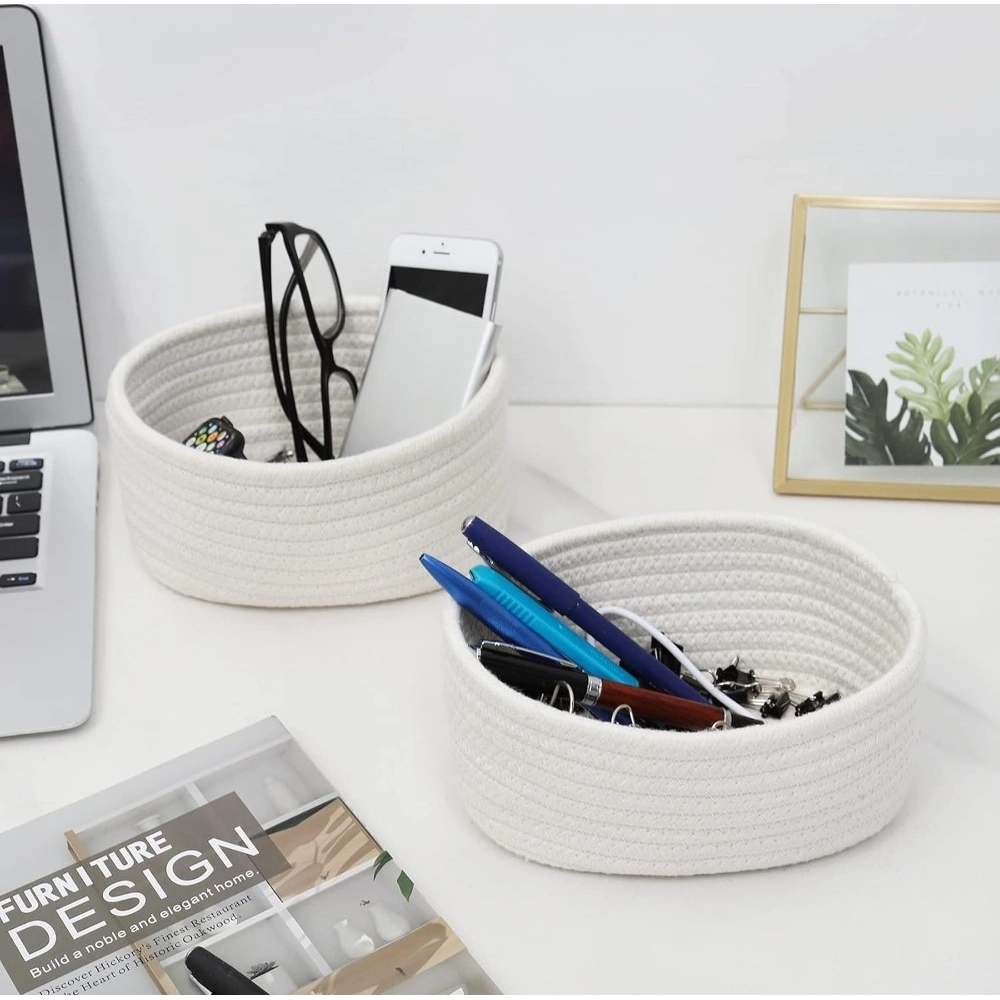Cotton 8x3 Inch Round 2 Set Bedside Organizer With Out Lid (White) - Image 2
