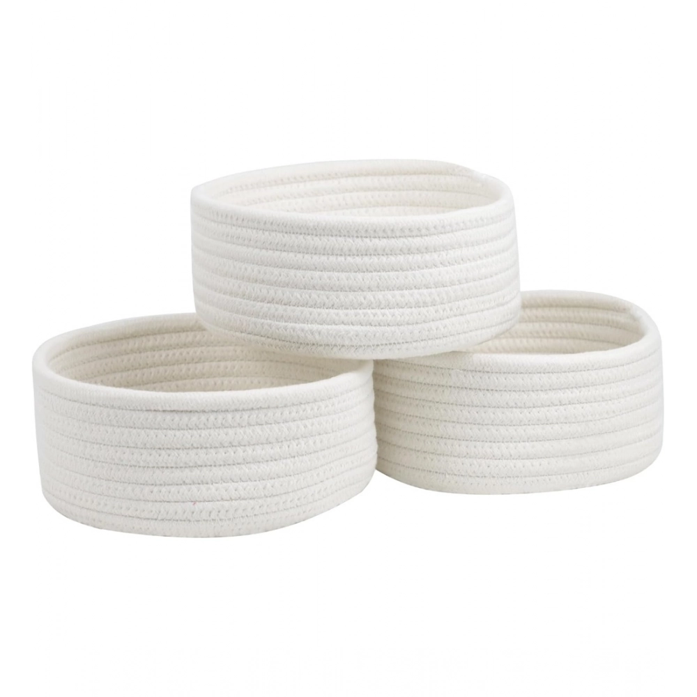 Cotton 8x3 Inch Round 3 Set Bedside Organizer With Out Lid (White) - Image 4