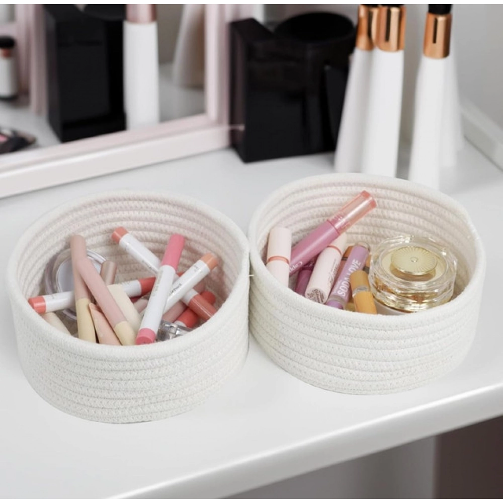 Cotton 8x3 Inch Round 3 Set Bedside Organizer With Out Lid (White) - Image 2