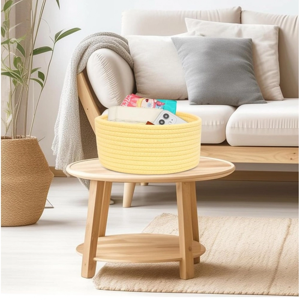 Cotton 8x3 Inch Round 1 Pcs Bedside Organizer With Out Lid (Yellow) - Image 3