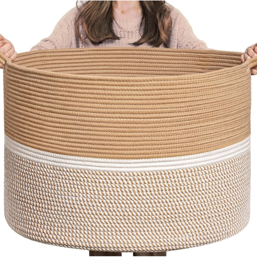 Cotton Dori 16x14 Inch Storage Basket For Clothes With Out Lid (Beige-Beige-White) - Image 4