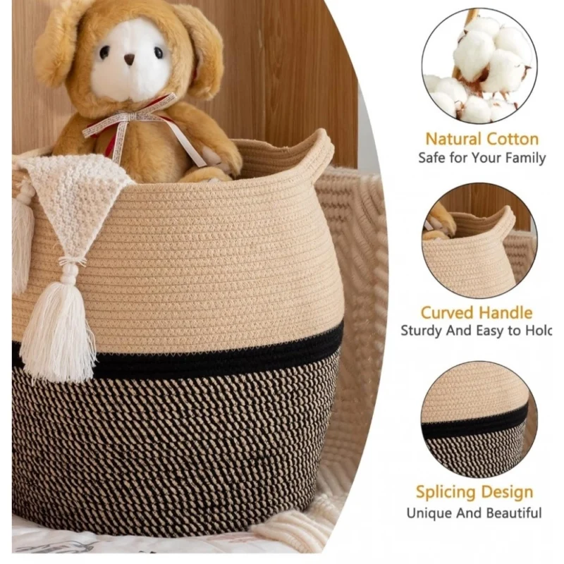 Alternative view of Cotton Matka 14x12 Inch Storage Basket For Clothes With Out Lid (Beige-Black)