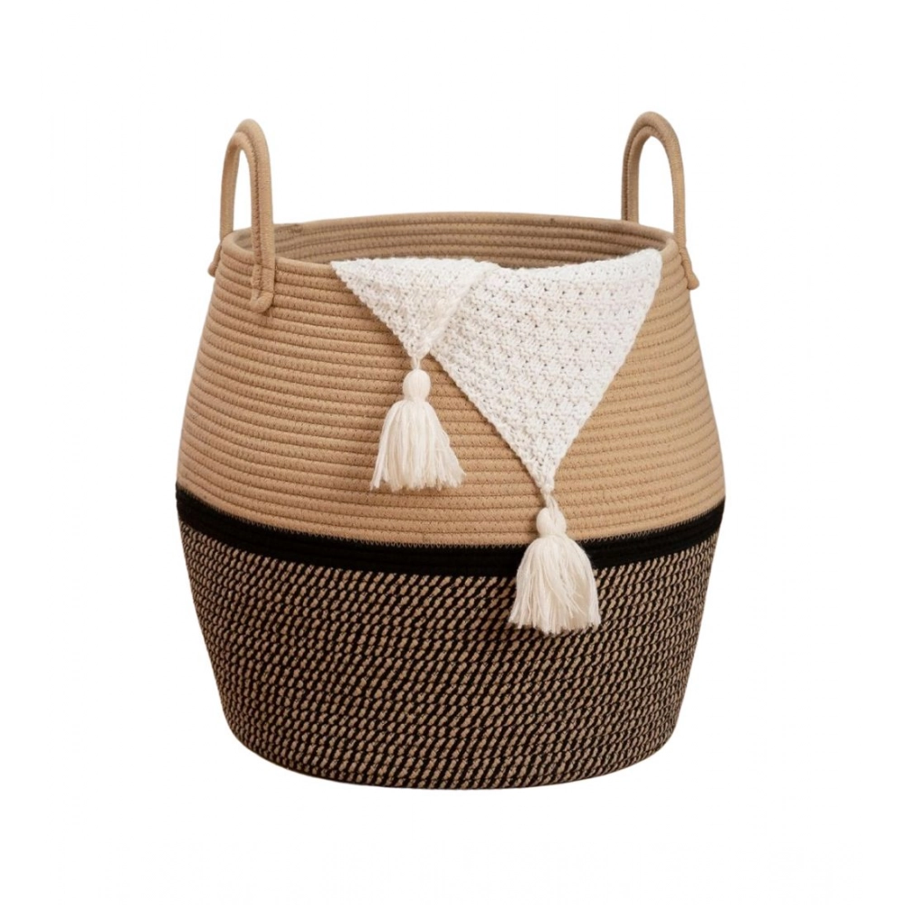 Cotton Matka With Handle 14x12 Inch Storage Basket For Clothes With Out Lid (Beige-Black) - Image 4