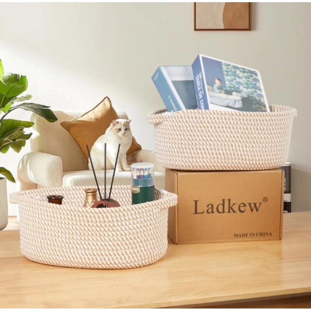 Cotton 2 Pcs 10x7x4 Inch Oval Storage Basket For Clothes (Beige) - Image 2