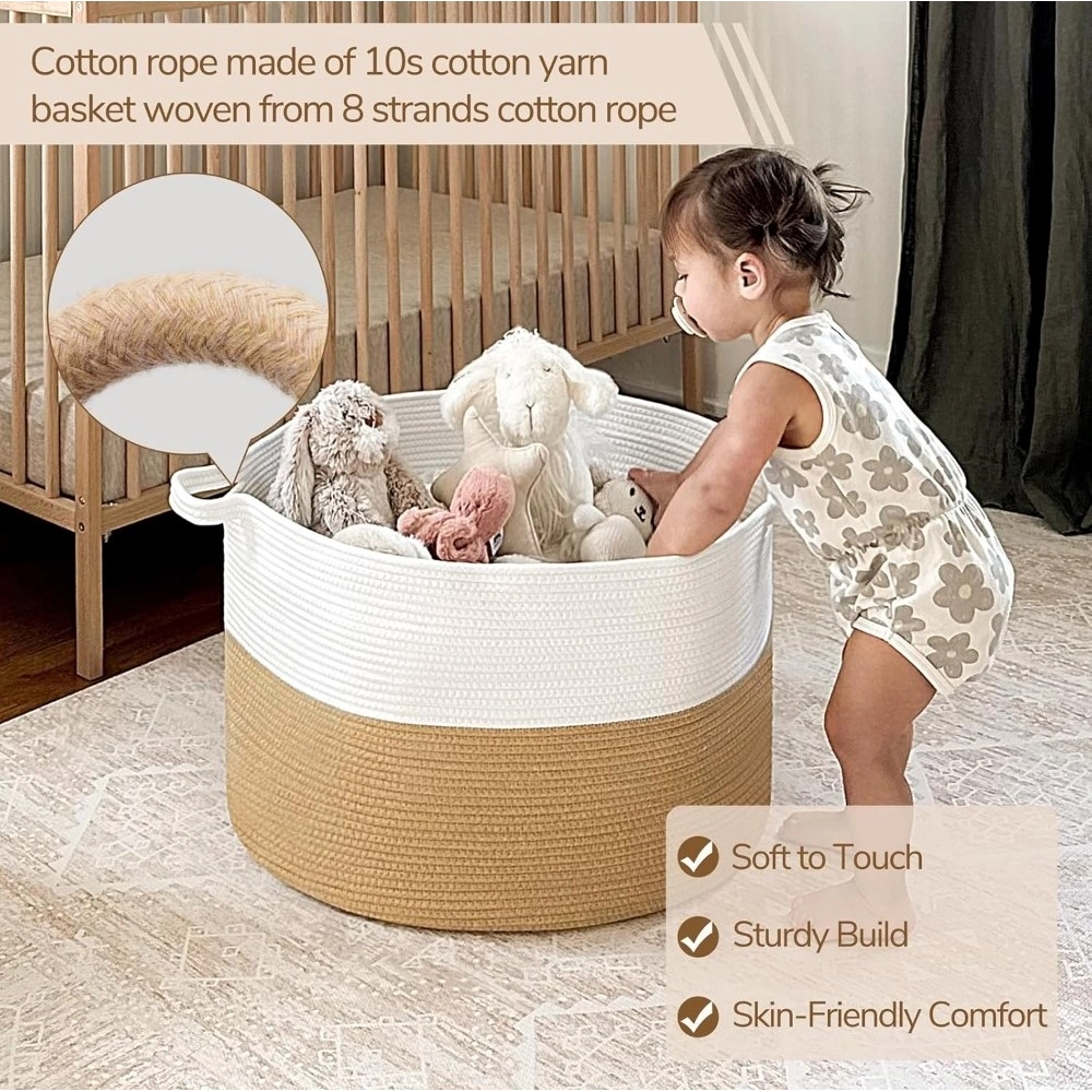 Cotton Pack Of_1 16x14 Inch Storage Basket For Clothes With Out Lid (Beige-White) - Image 2