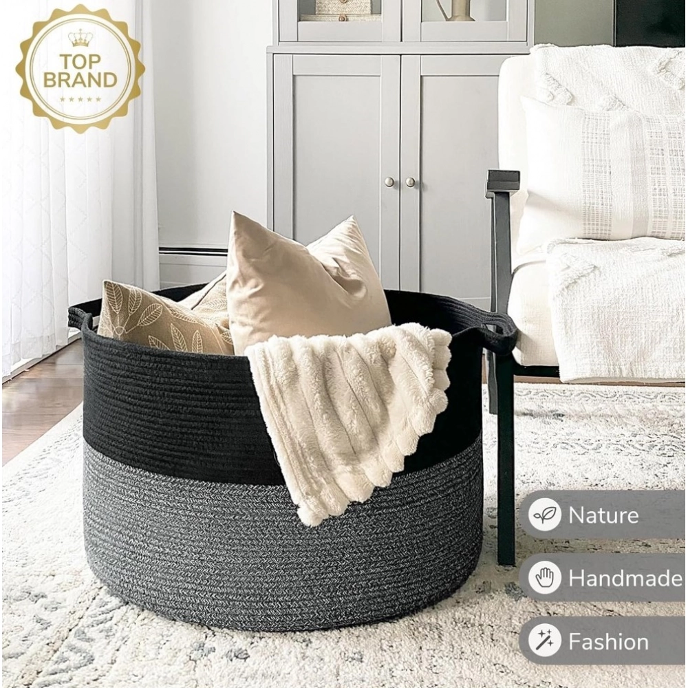 Cotton Pack Of_1 16x14 Inch Storage Basket For Clothes With Out Lid (Black-Gray) - Image 2