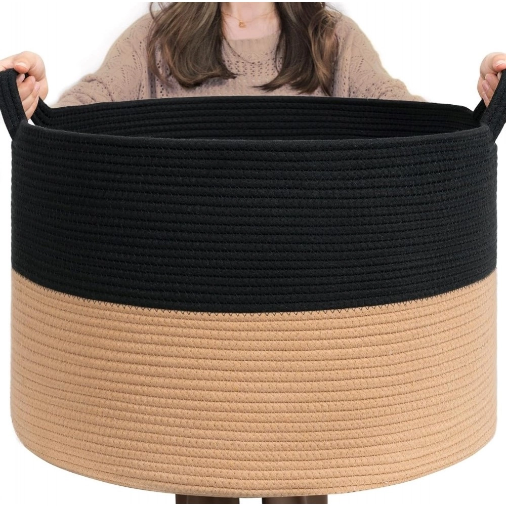 Cotton Pack Of_1 16x14 Inch Storage Basket For Clothes With Out Lid (Black-Beige)