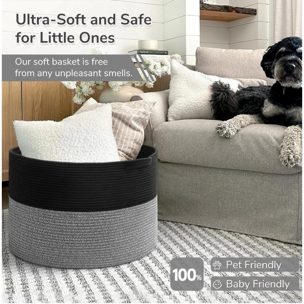 Cotton Pack Of_1 16x14 Inch Storage Basket For Clothes With Out Lid (Black-Black-Kidi) - Image 4