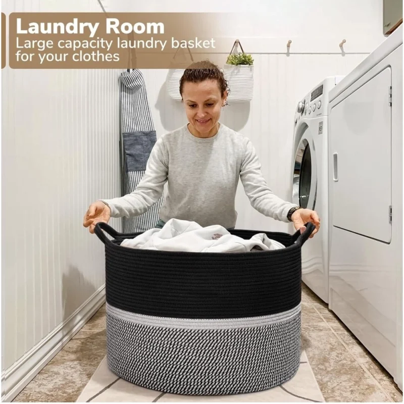 Cotton Dori 16x14 Inch Storage Basket For Clothes With Out Lid (Black-Black-White)