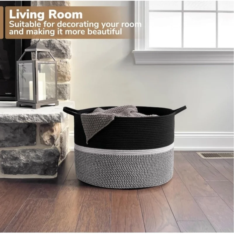 Alternative view of Cotton Dori 16x14 Inch Storage Basket For Clothes With Out Lid (Black-Black-White)