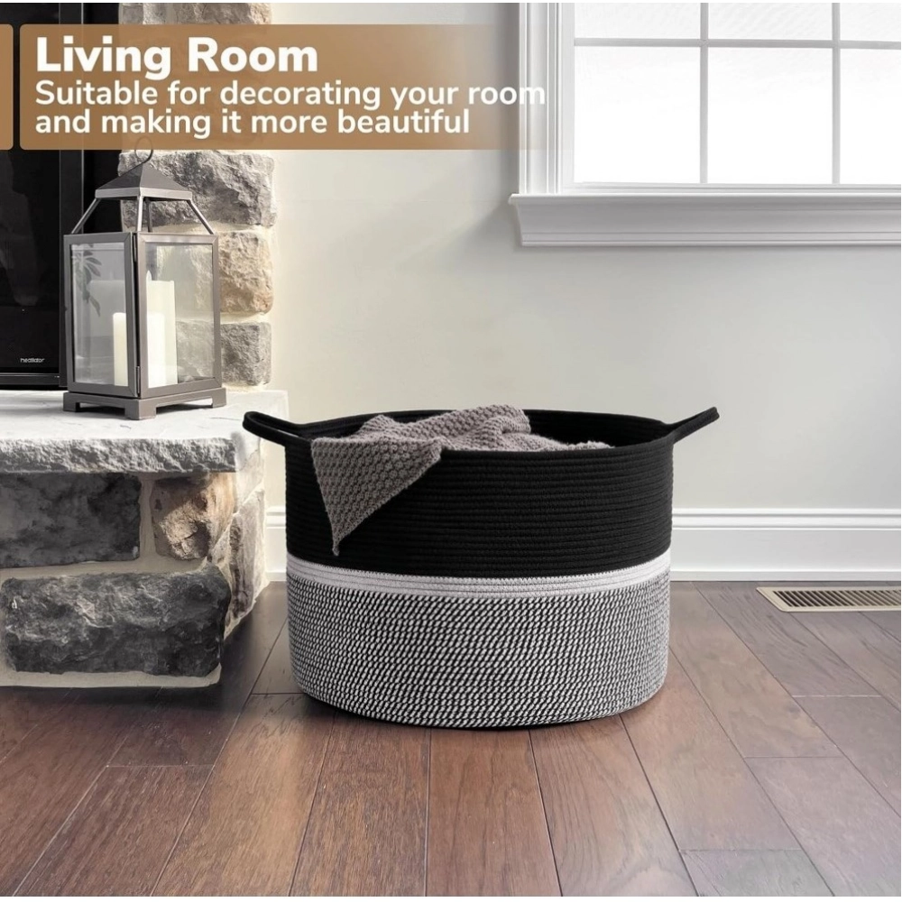 Cotton Dori 16x14 Inch Storage Basket For Clothes With Out Lid (Black-Black-White) - Image 2