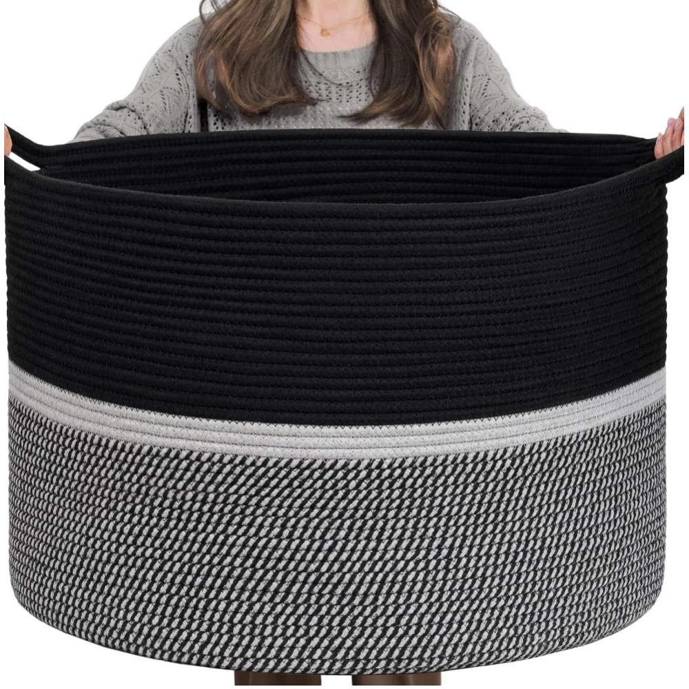 Cotton Dori 16x14 Inch Storage Basket For Clothes With Out Lid (Black-Black-White) - Image 4