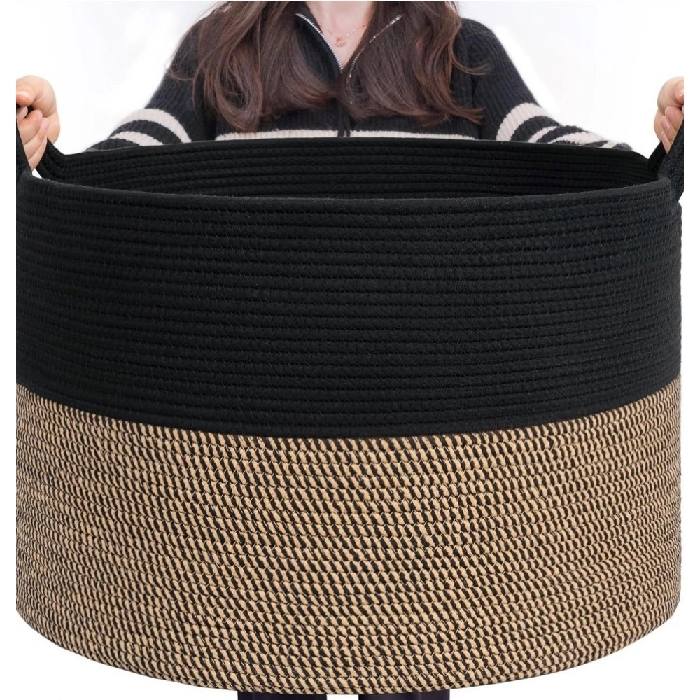 Cotton Pack Of_1 16x14 Inch Storage Basket For Clothes With Out Lid (Black-Beige-Black) - Image 4