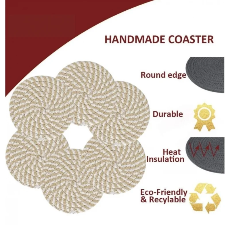 Alternative view of Cotton Rope Drink Coasters 6 Pcs Set (Beige-White)