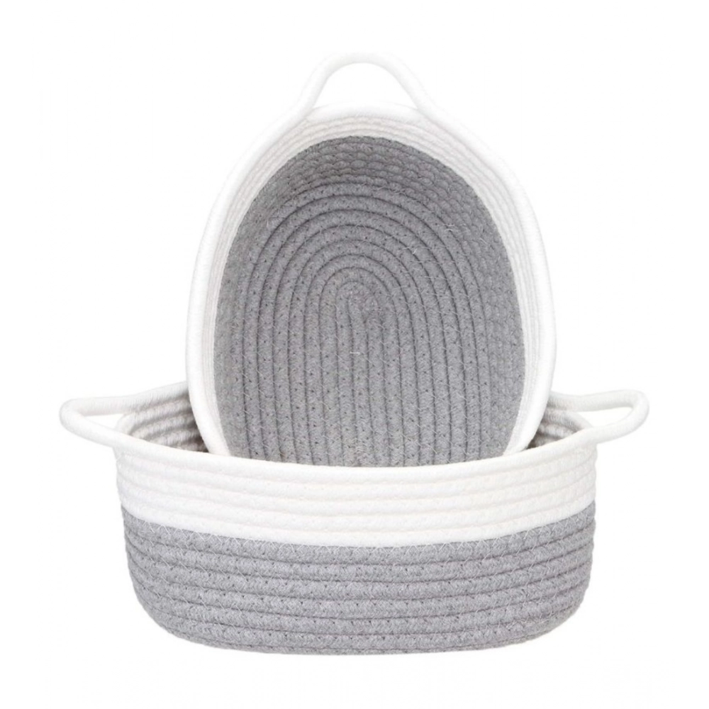 Cotton Grey White 2 Pcs Storage Basket For Clothes (Grey-White)