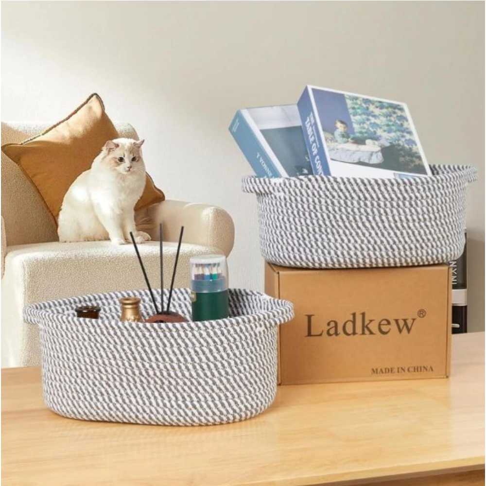 Cotton 10x7x4 Inch 2 Pcs Oval Storage Basket For Clothes (Grey) - Image 2