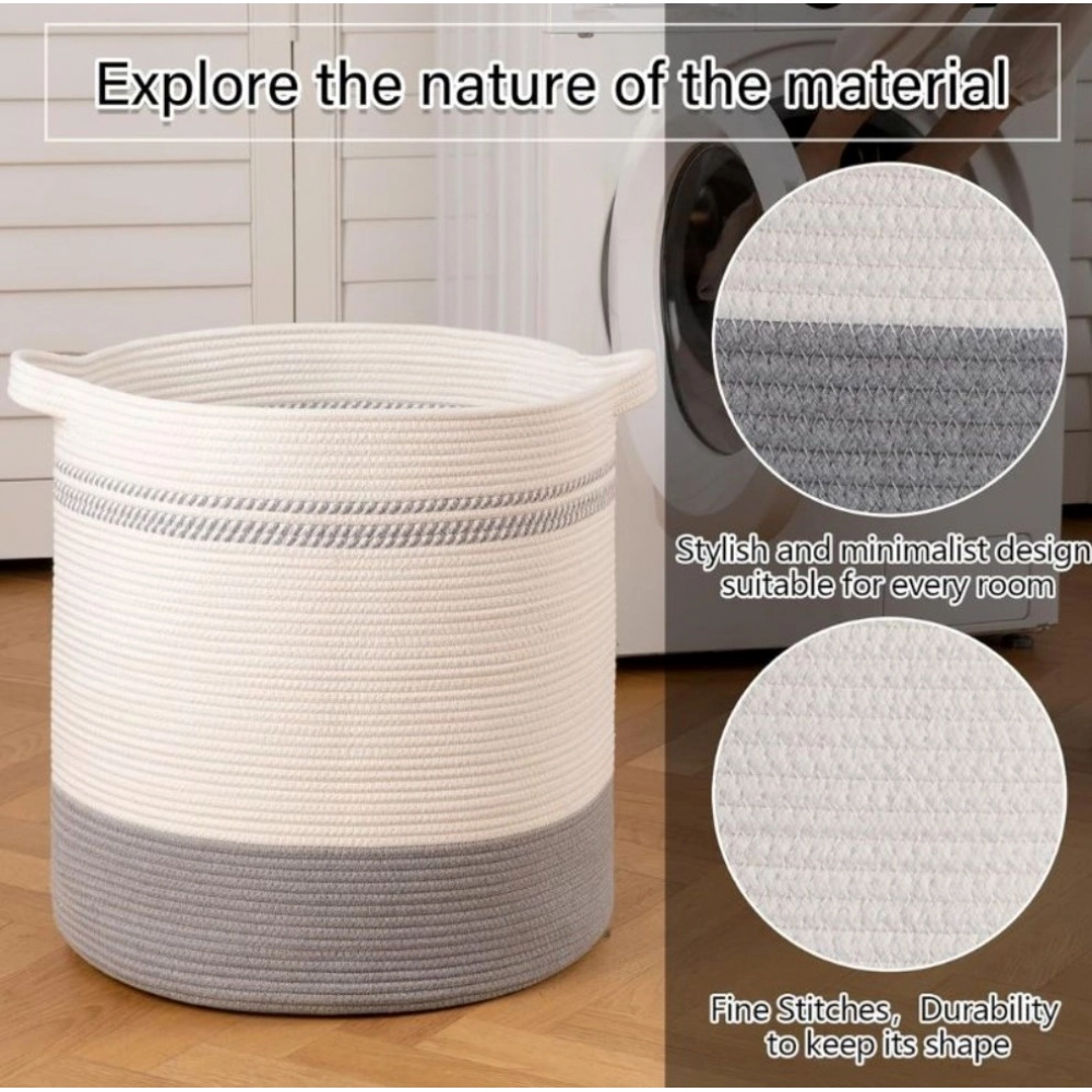 Cotton Pack Of_1 12x14 Inch Storage Basket For Clothes (Grey-White) - Image 2
