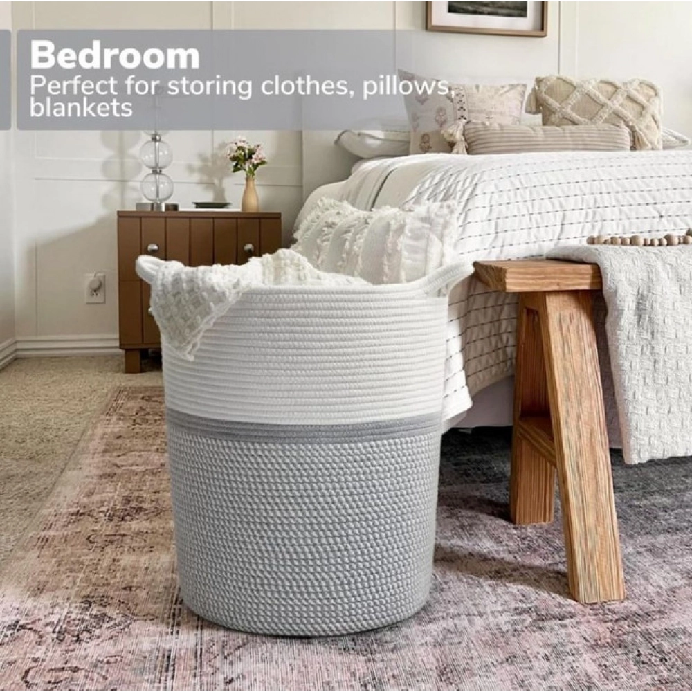 Cotton Pack Of_1 12x14 Inch Storage Basket For Clothes (Grey-White) - Image 2
